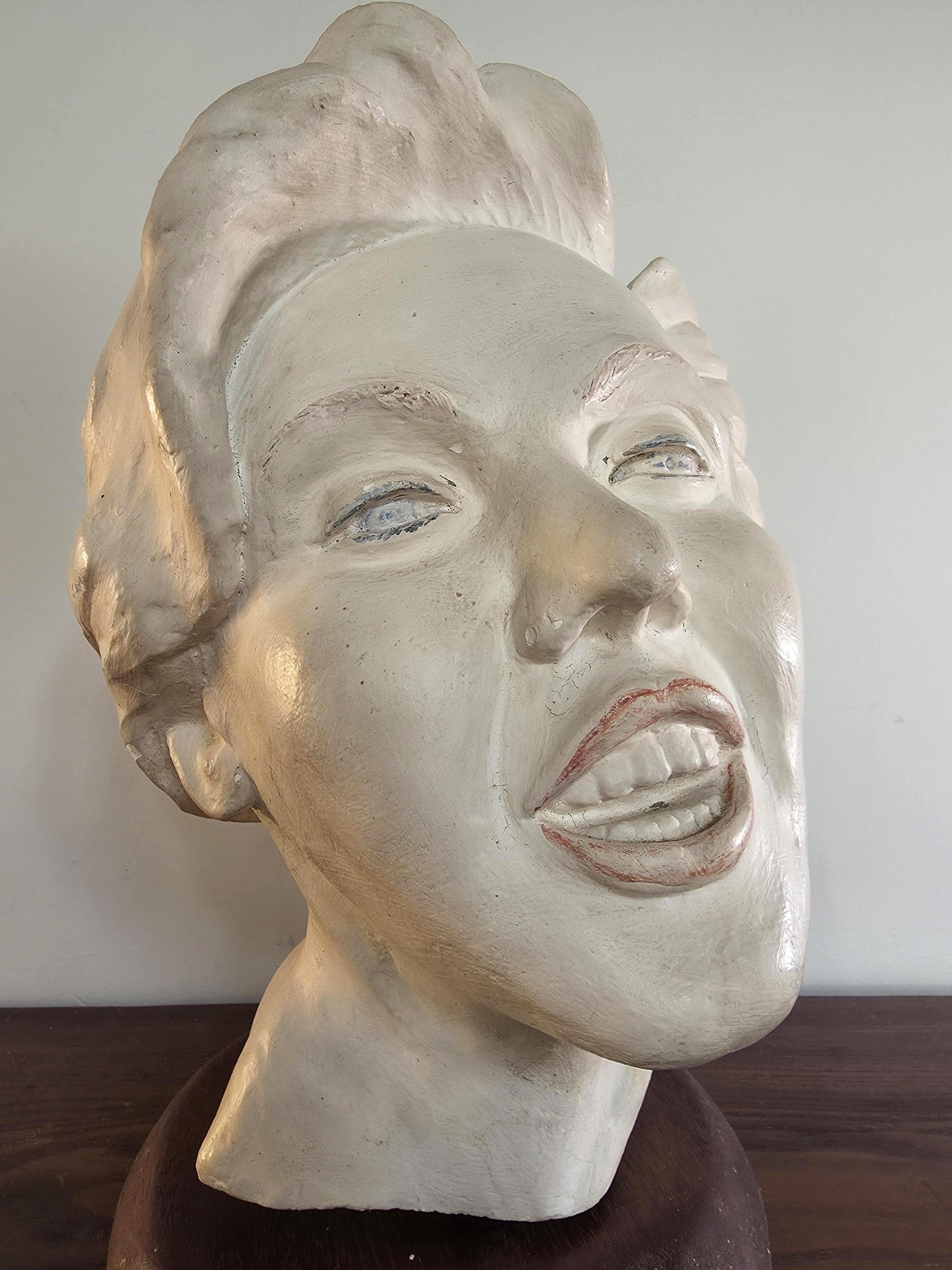 Mid-Century Plaster Bust of a Woman | Expressive Folk Art Sculpture on Wooden Base | 1940s–1950s Studio Piece