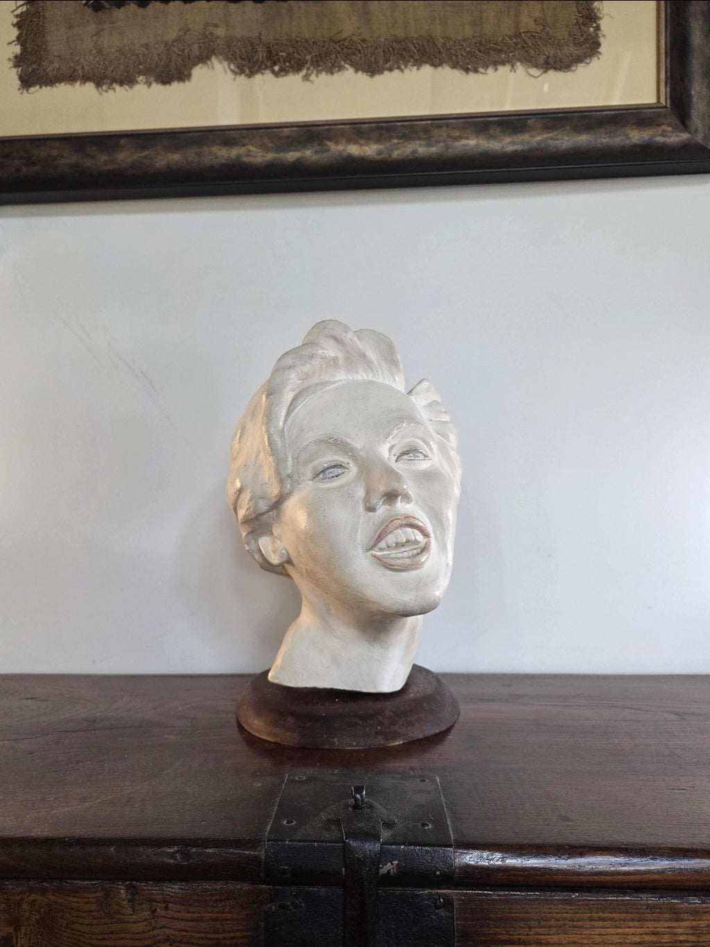 Mid-Century Plaster Bust of a Woman | Expressive Folk Art Sculpture on Wooden Base | 1940s–1950s Studio Piece