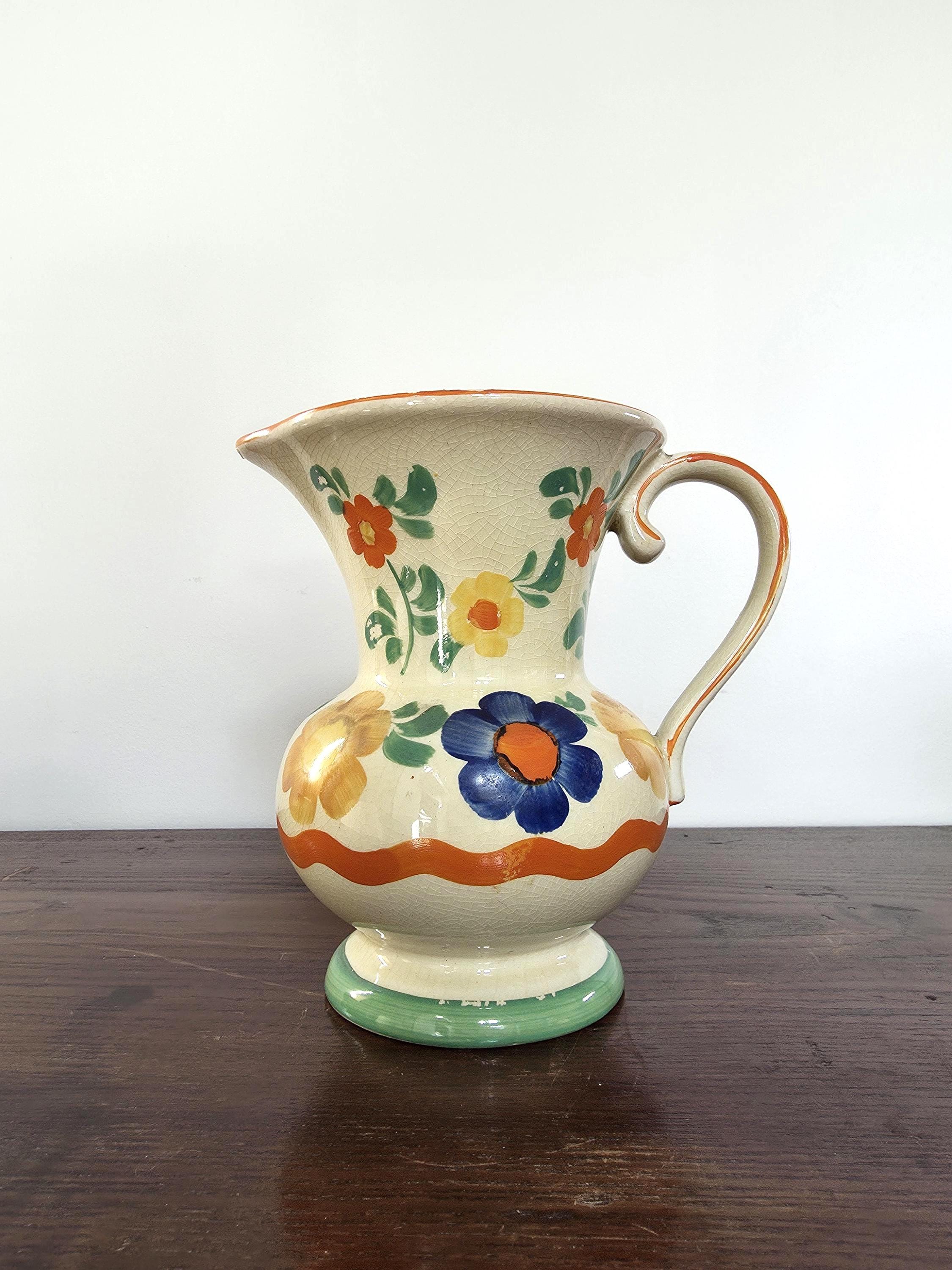 Hand-Painted Vintage Fruit & Flower Pitcher | 1930s