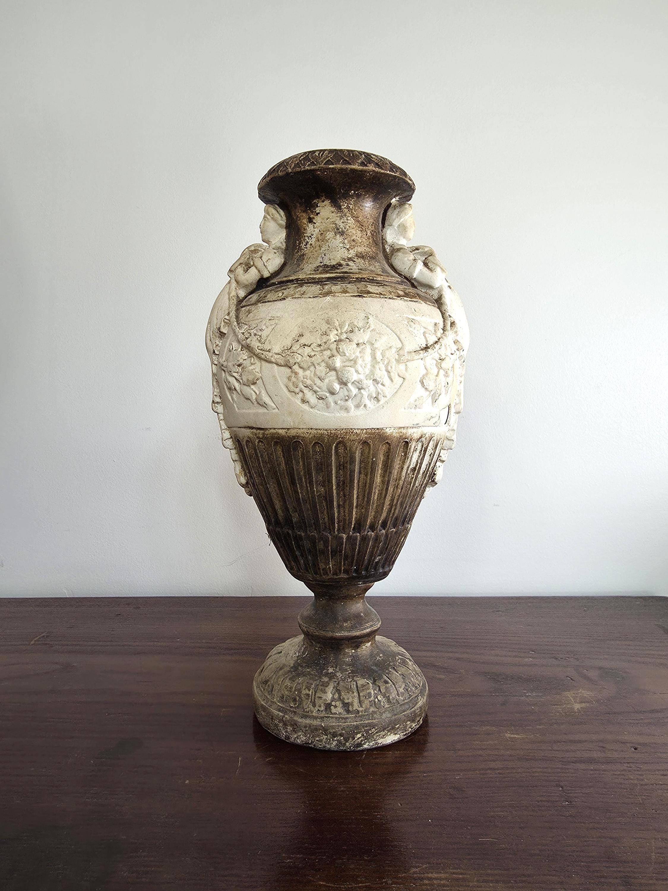 Vintage Urn with Figural Handles | Classical Baroque Style Garden Planter | Aged Decorative Pot
