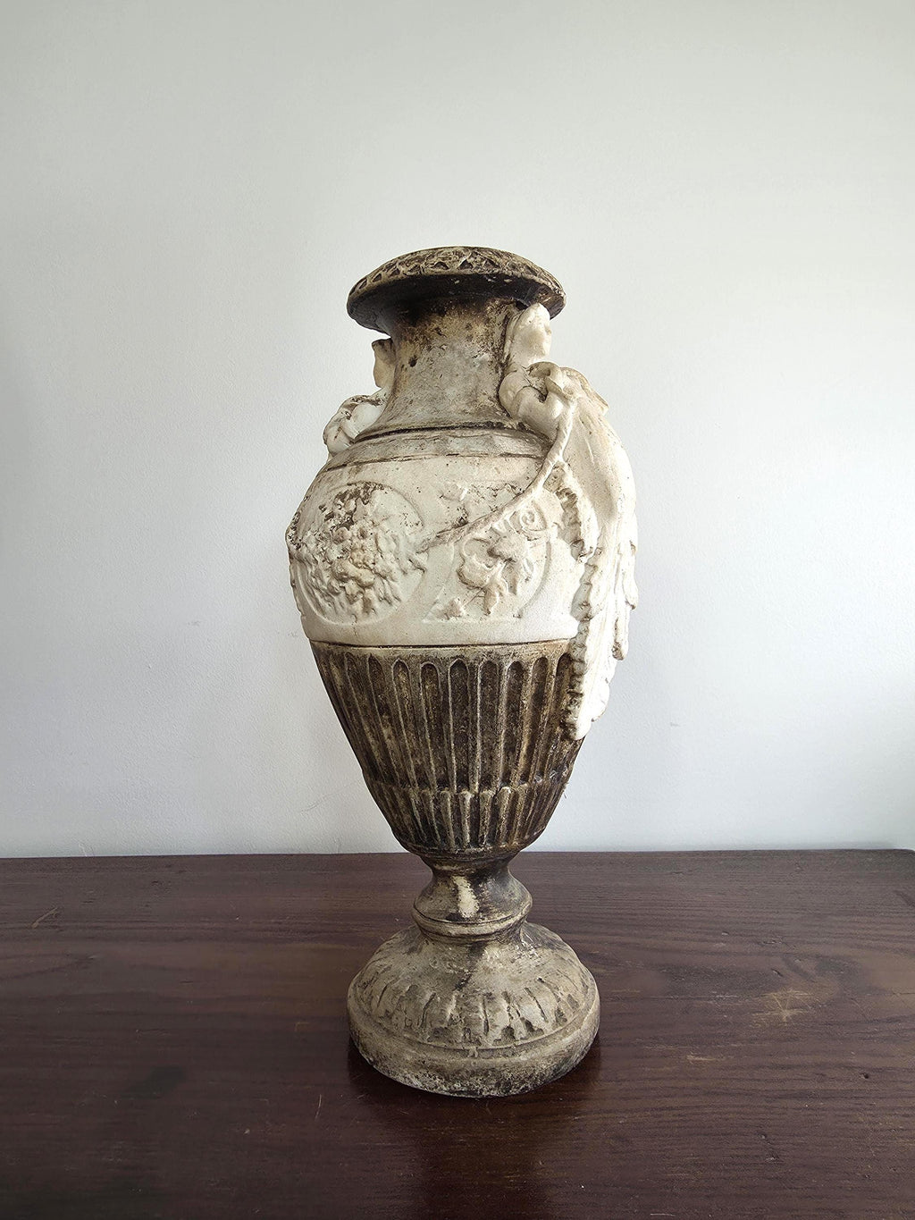 Vintage Urn with Figural Handles | Classical Baroque Style Garden Planter | Aged Decorative Pot
