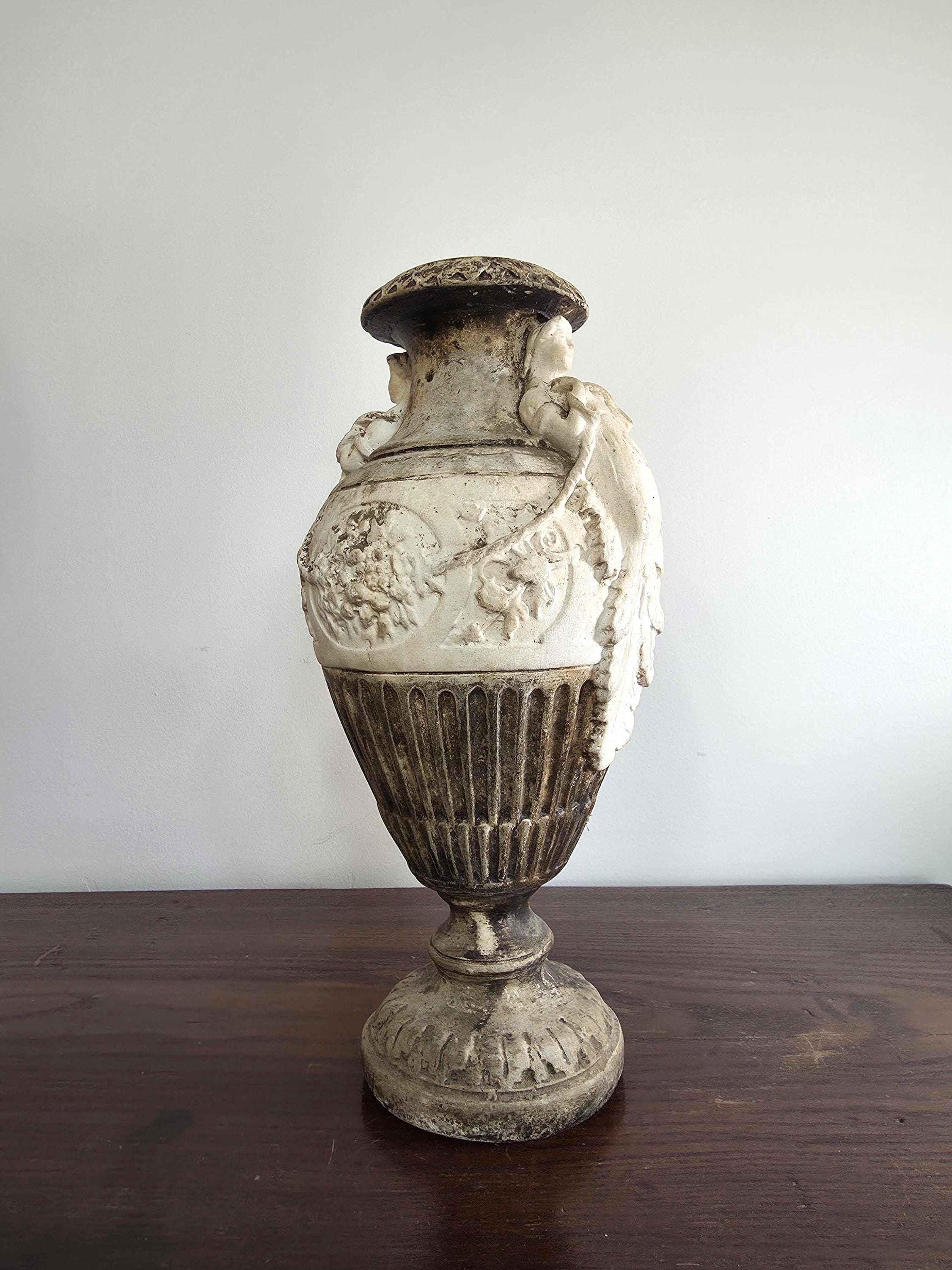 Vintage Urn with Figural Handles | Classical Baroque Style Garden Planter | Aged Decorative Pot