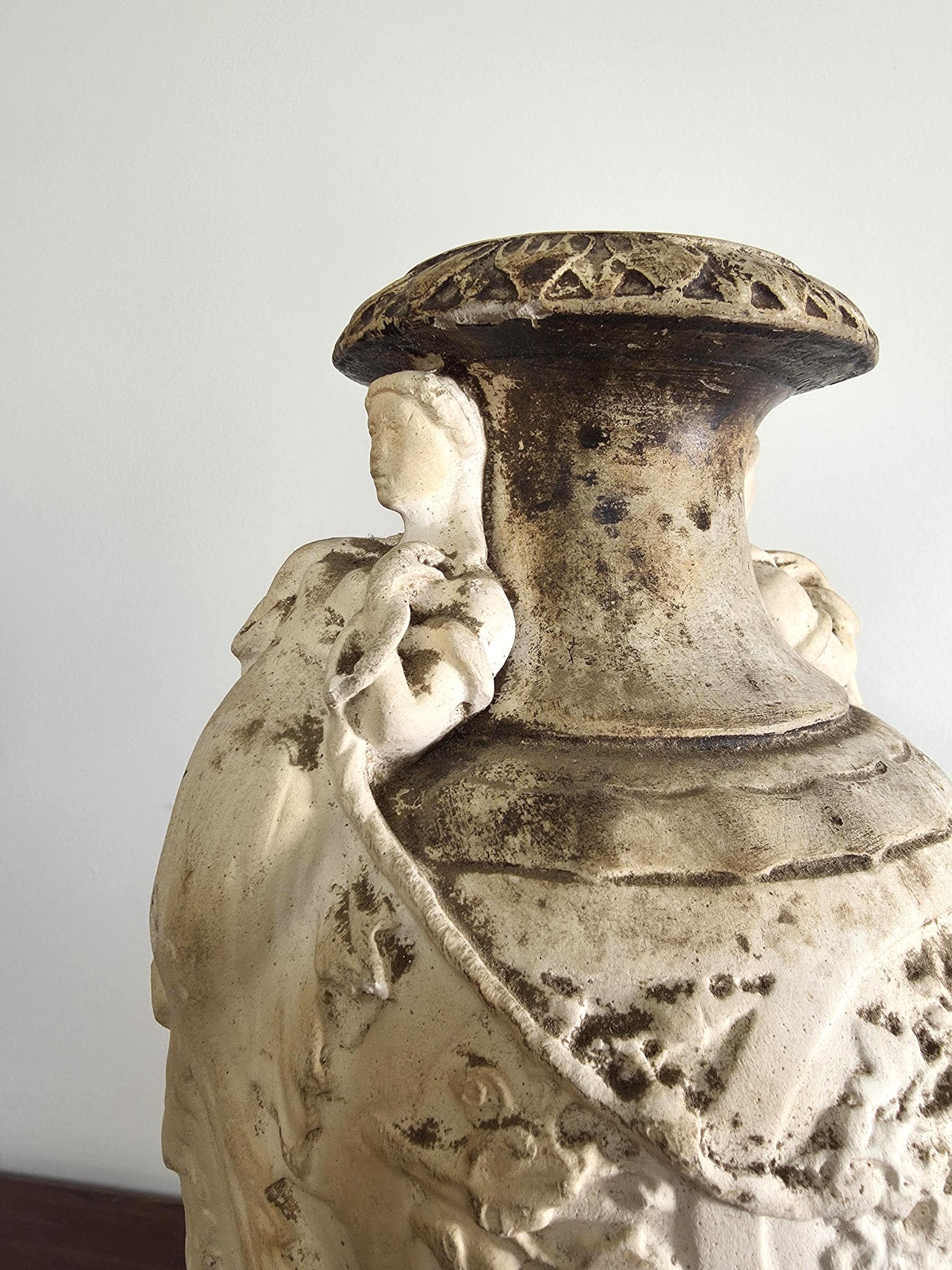 Vintage Urn with Figural Handles | Classical Baroque Style Garden Planter | Aged Decorative Pot