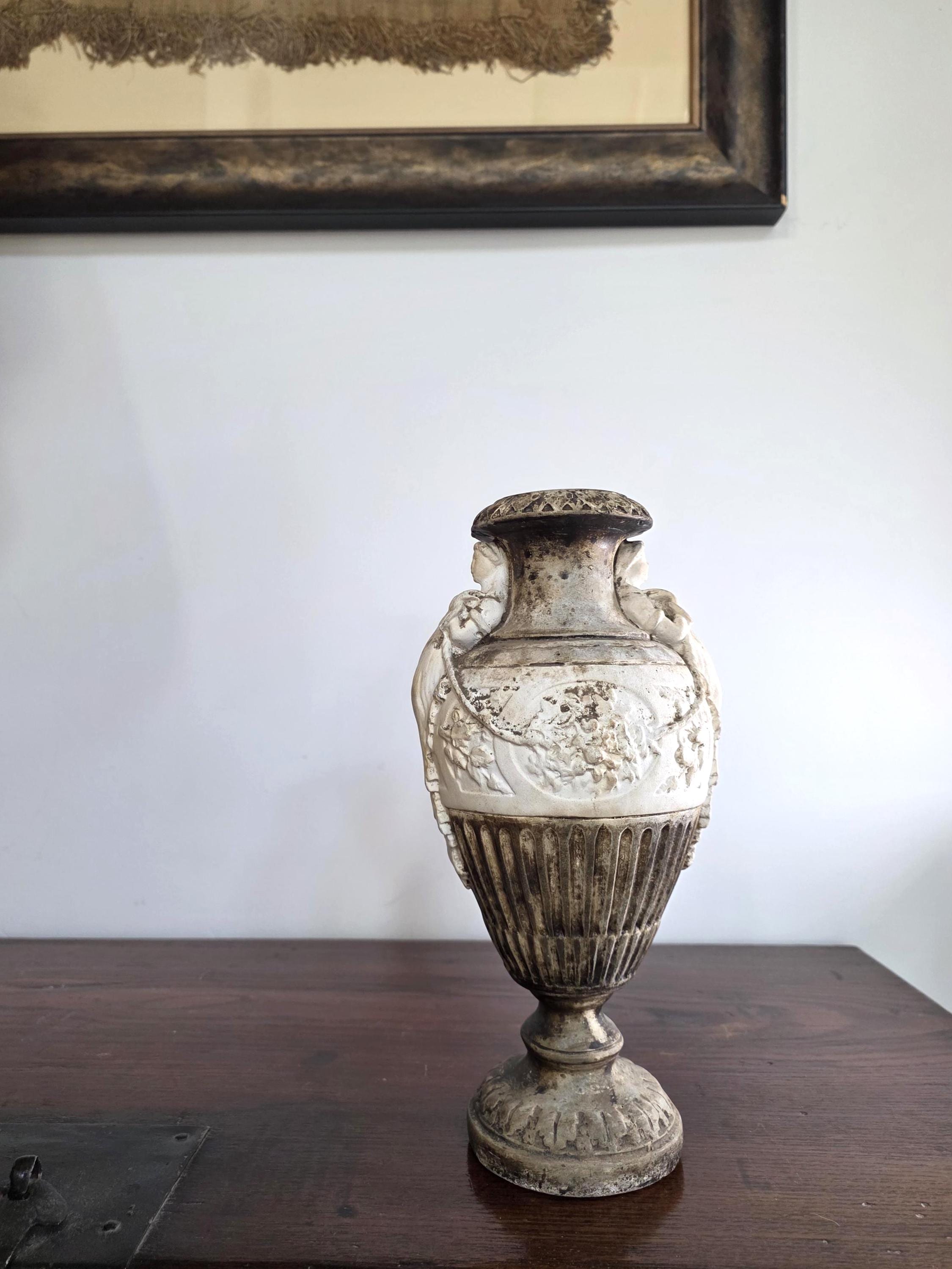Vintage Urn with Figural Handles | Classical Baroque Style Garden Planter | Aged Decorative Pot