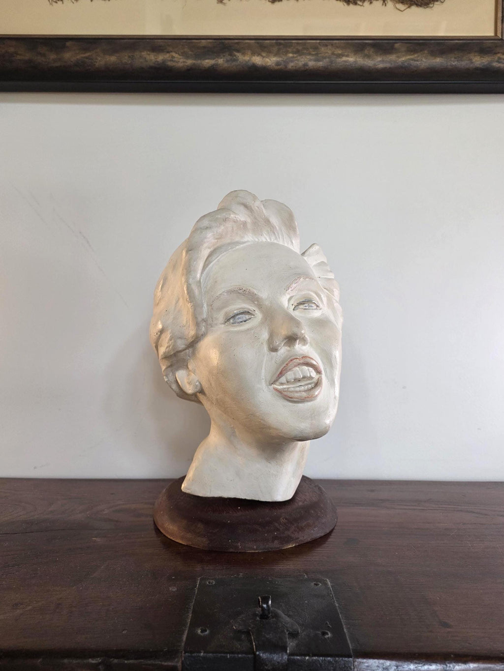 Mid-Century Plaster Bust of a Woman | Expressive Folk Art Sculpture on Wooden Base | 1940s–1950s Studio Piece