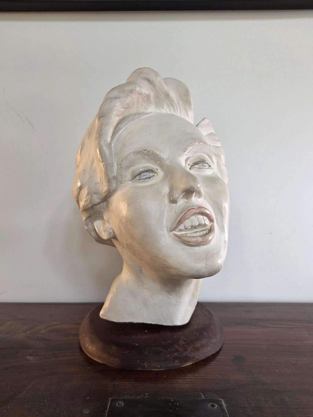 Mid-Century Plaster Bust of a Woman | Expressive Folk Art Sculpture on Wooden Base | 1940s–1950s Studio Piece
