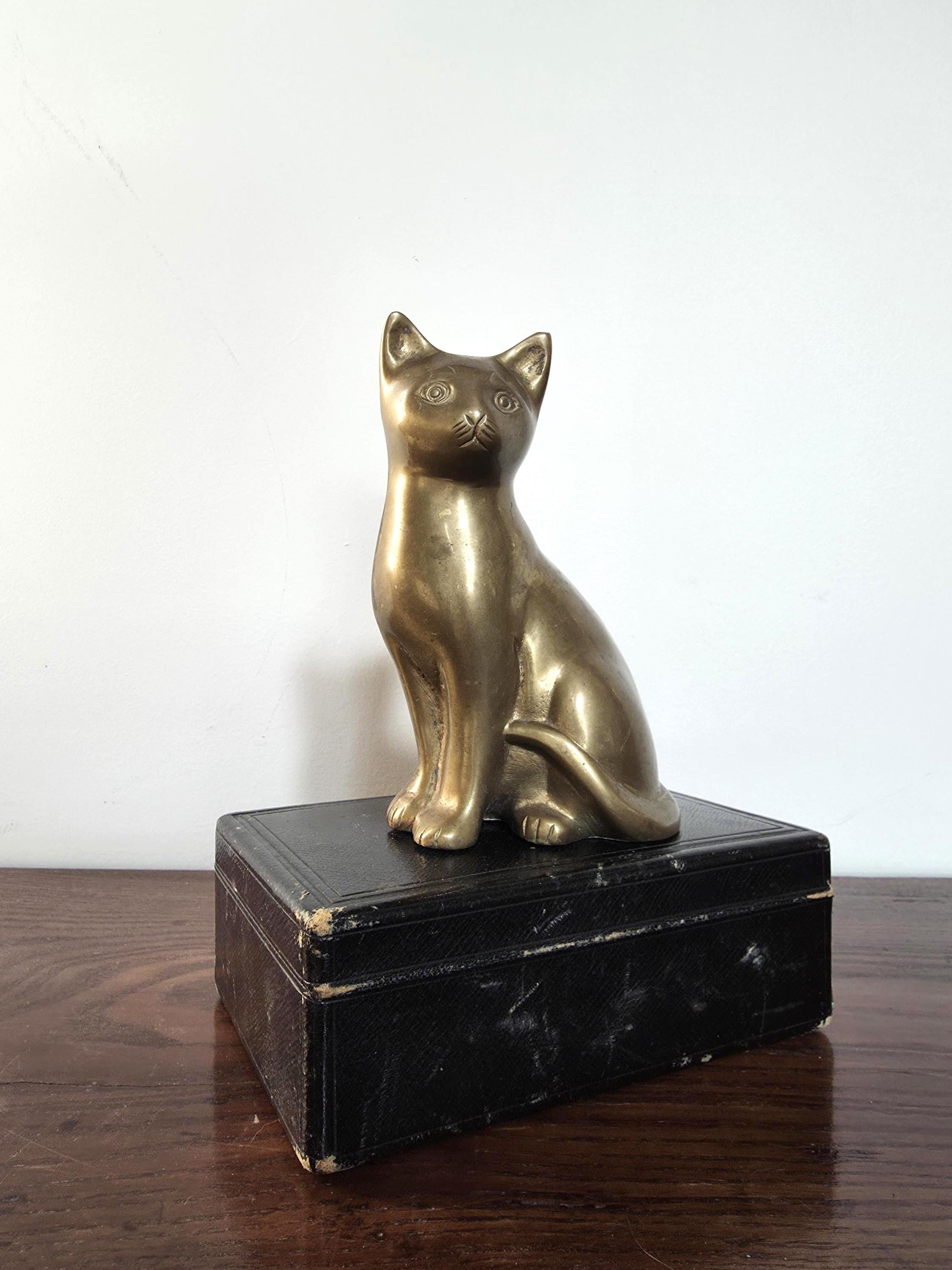 Vintage Solid Brass Cat Ornament Feline Sculpture