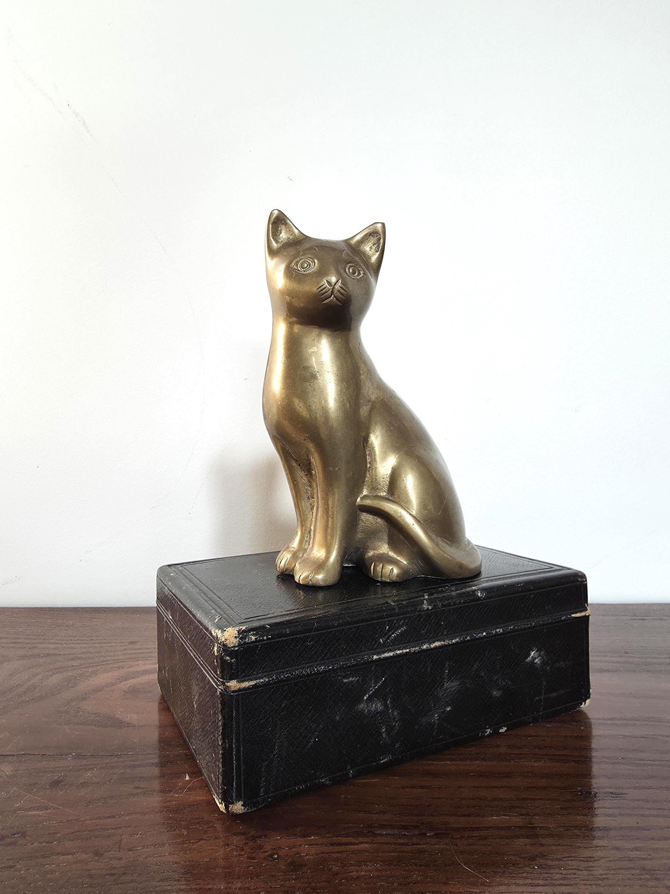 Vintage Solid Brass Cat Ornament Feline Sculpture