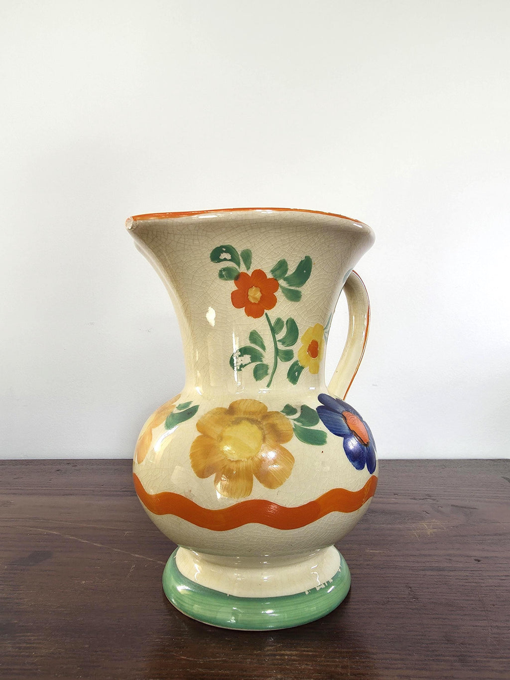 Hand-Painted Vintage Fruit & Flower Pitcher | 1930s